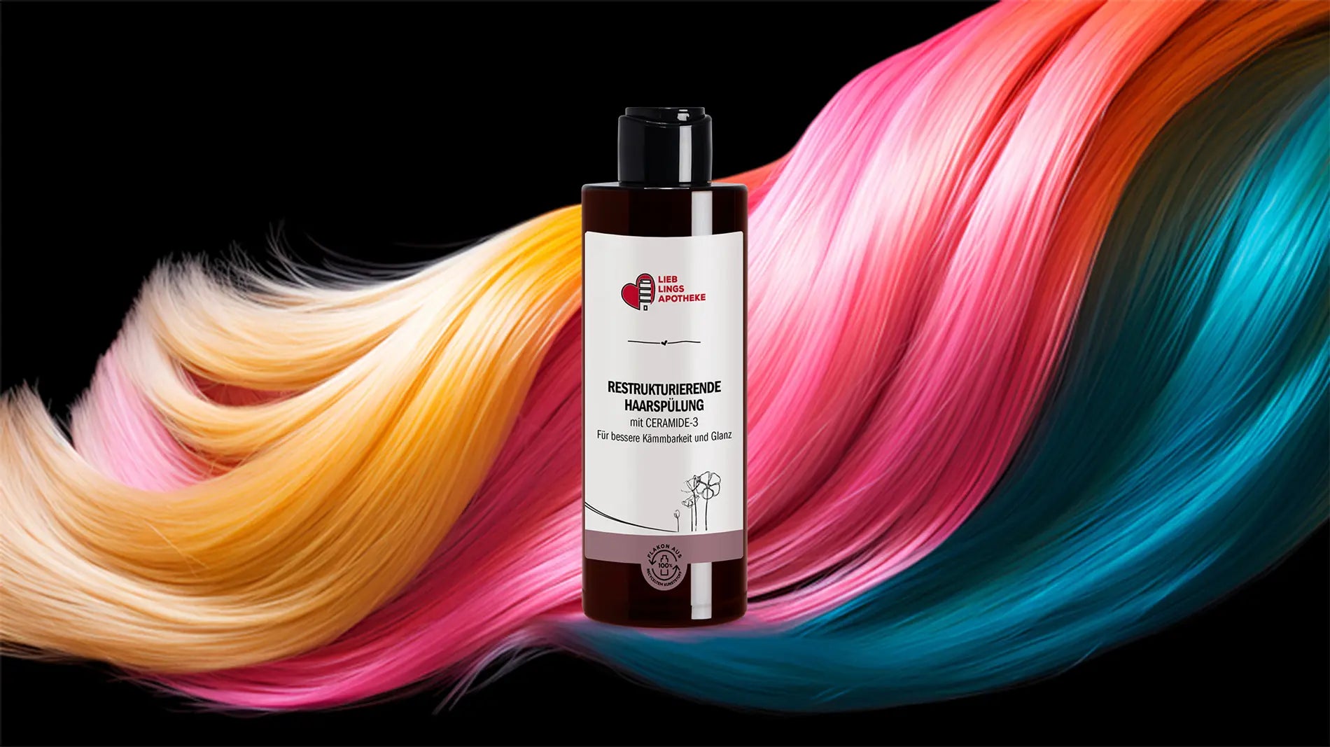 Bild_auf_dem_das_Haar_einer_Frau_in_verschiedenen_Haarfarben_gezeigt_wird_davor_eine_Flasche_mit_restrukturierender_Haarspuelung_mit_Ceramide_3
